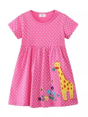 Girls' Pink Polka Dot Dress with Giraffe Applique